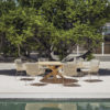 MURCIA garden chair by 4 Seasons Outdoor. 6 chairs are shown around a Ø160cm Prado table with teak legs