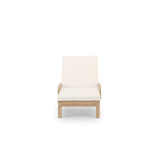 GardenLine Ravona wooden lounger with armrests, cushion with zippers and wheels, adjustable in 4 positions. Front view on white background