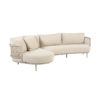 Sardinia garden sofa by 4SO, a curved sofa with 4-seater chaise longue. Its curved stainless steel structure in coffee with milk, a beautiful toasted beige. Embellished with rope in the same tones creating a triangle pattern that allows air to pass through and adds a touch of sophistication. The large cushions ensure high comfort.