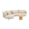 The Sardinia garden sofa by 4SO is a curved sofa with a chaise longue, seating 4. Its curved stainless steel frame is finished in a beautiful tan beige, a rich, toasted shade of café au lait. Rope in the same tones creates a triangular pattern that allows for airflow and adds a touch of sophistication. The generous cushions ensure exceptional comfort. Pictured with the PABLO coffee table in front.