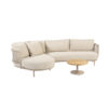 The Sardinia garden sofa by 4SO is a curved sofa with a chaise longue, seating 4. Its curved stainless steel frame is finished in a beautiful tan beige, a rich, toasted shade of café au lait. Rope in the same tones creates a triangular pattern that allows for airflow and adds a touch of sophistication. The generous cushions ensure exceptional comfort. Pictured with the VOLTA coffee table in front.