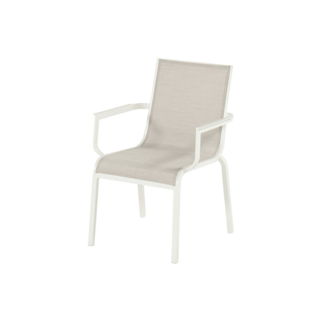 Silla jardín GINA de Hartman® Estructura y reposabrazos de aluminio en blanco y asiento y respaldo de textilene en gris perla. Vista oblicua sobre fondo blanco.