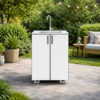 XL Kitchen Sink Module by De Tropen. Part of the XL modular outdoor kitchen. A double-door cabinet on wheels measuring 600x600x900mm, which includes the sink and faucet. In white and gray tones, the countertop imitates marble, and the doors are a very luminous pearl gray. Front view against a white background.