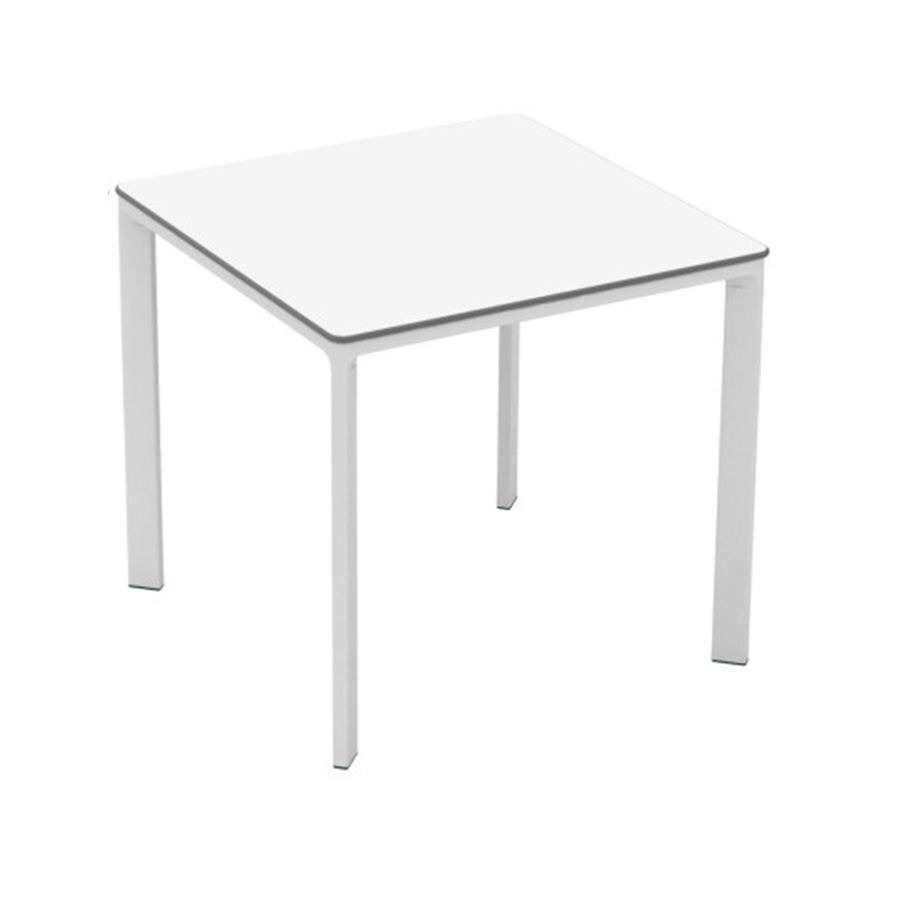 Meet Table by Ezpeleta 80x80cm With a white aluminium structure and a white HPL top. Suitable for indoor and outdoor use, both for public and residential settings. Find it at De Tropen, your outdoor furniture expert. Oblique front view