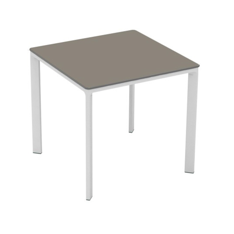 Meet Table by Ezpeleta 80x80cm With a white aluminium structure and a taupe HPL top. Suitable for indoor and outdoor use, both for public and residential settings. Find it at De Tropen, your outdoor furniture expert. Oblique front view