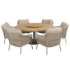 Outdoor dining set consisting of the Saba Low 160cm table with the Lazy Susan rotating tray in the centre and 6 Sardinia Low chairs around it. Find it at De Tropen, official supplier of 4 Seasons Outdoor in Spain. Front view photo taken slightly from above against a white background.