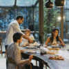 URBE electric oven by Alfa Forni. 4 friends gathered around a table with drinks and a pizza, sharing a fun moment as they all smile, lifestyle photo. Find it at De Tropen, official Alfa Forni supplier in Spain and Portugal.