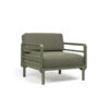 Maximo armchair by Nardi. A garden armchair with clean, modern lines, combining 4 colours of regenerated fiberglass-reinforced polypropylene resin frame with 4 colours of Sunbrella fabric, also made from recycled material. A clear statement of intent to care for the planet and beautify your outdoor space. Oblique front view. Secure online purchase and fast shipping with De Tropen.
