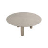 Donato garden table by 4SO. Made of aluminium finished with latte-coloured powder coating, a trendy café-au-lait or toasted beige tone, and tempered glass printed with ceramic motifs in grey tones. Find it at De Tropen, official supplier of 4 Seasons Outdoor in Spain. Top-down view on a white background, showing the tabletop and a glimpse of the 3 cylindrical legs that characterise this table.
