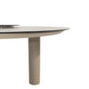 Donato garden table by 4SO. Made of aluminium finished with latte-coloured powder coating, a trendy café-au-lait or toasted beige tone, and tempered glass printed with ceramic motifs in grey tones. Find it at De Tropen, official supplier of 4 Seasons Outdoor in Spain. Front view on a white background, showing half of the table with the lazy susan tray in the same printed ceramic tempered glass finish.