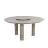 Donato garden table by 4SO. Made of aluminium finished with latte-coloured powder coating, a trendy café-au-lait or toasted beige tone, and tempered glass printed with ceramic motifs in grey tones. Its 3 cylindrical legs characterise this outdoor table, with the Lazy Susan rotating tray in the centre, finished in the same printed tempered glass. Find it at De Tropen, official supplier of 4 Seasons Outdoor in Spain. Oblique view on a white background.