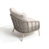The Puglia armchair by 4SO, viewed from an oblique angle, is crafted from stainless steel and finished in a latte color (a trendy 2025 shade). This is further enhanced by taupe rope knotted to the frame, running from the armrests to the seat base, encircling the entire chair and creating a signature pattern of the Puglia collection. Purchase it at De Tropen, your expert in garden and patio furniture. Front view of the side of the armchair's backrest against a white background.