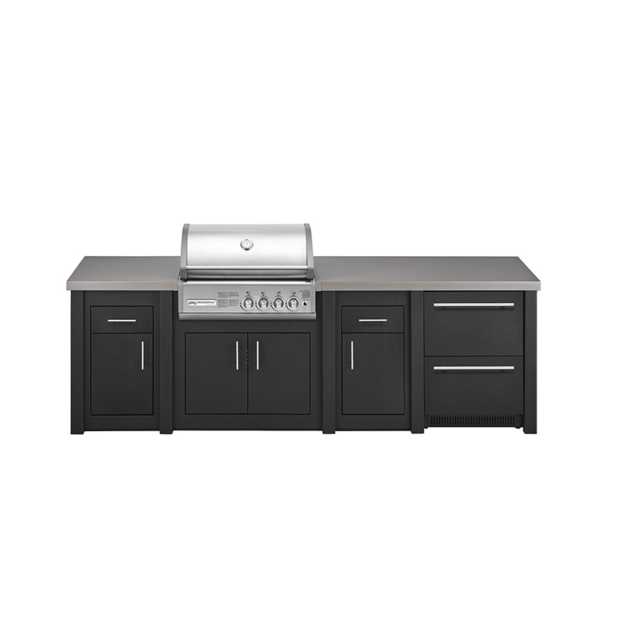 Cocina exterior Alu. Crossray Nevera 1, con nevera y dos zonas de almacenaje de GrandPro Una cocina de diseño mediterráneo, hecha de aluminio aligerando su peso y maximizando su resistencia a la intemperie. Encuéntrala en De Tropen compra online segura y envío rápido. Pregúntanos por la disposición que mejor te venga, te lo presupuestamos sin compromiso.
