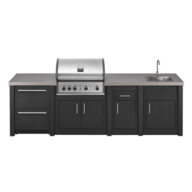 Cocina exterior PRO Elite completa con fregadero, nevera y zona de almacenaje de GrandPro Una cocina de diseño mediterráneo, hecha de aluminio aligerando su peso y maximizando su resistencia a la intemperie. Encuéntrala en De Tropen compra online segura y envío rápido.