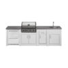 Grandhall White Outdoor Kitchen: Sink modules with tap, storage, refrigerator with drawer-style door, and PRO Elite barbecue. Find it at De Tropen for the best price.
