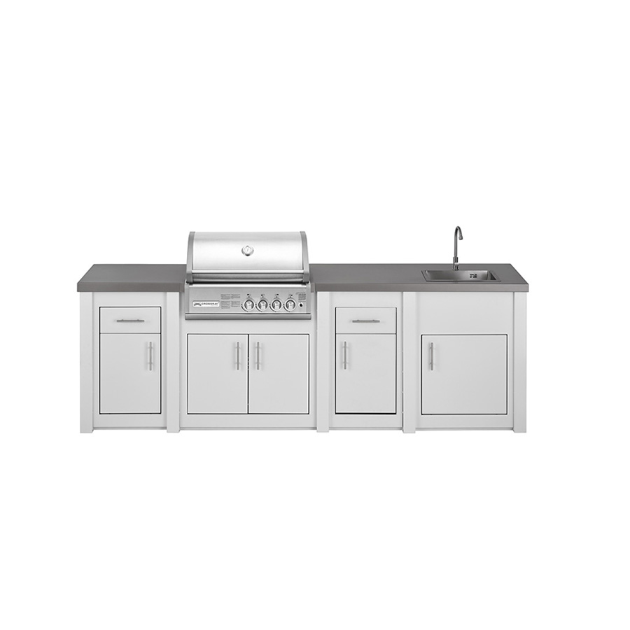 Cocina exterior Crossray con fregadero y dos módulos de almacenaje de GrandPro Una cocina de diseño mediterráneo, hecha de aluminio aligerando su peso y maximizando su resistencia a la intemperie. Encuéntrala en De Tropen compra online segura y envío rápido.