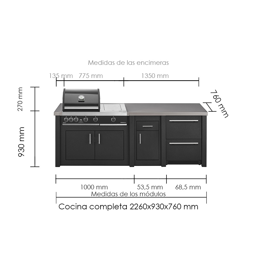 Medidas Cocina exterior Premium Plus nevera de GrandPro Una cocina con módulo de barbacoa, almacenaje y fregadero. De diseño mediterráneo, hecha de aluminio aligerando su peso y maximizando su resistencia a la intemperie. Encuéntrala en De Tropen compra online segura y envío rápido.