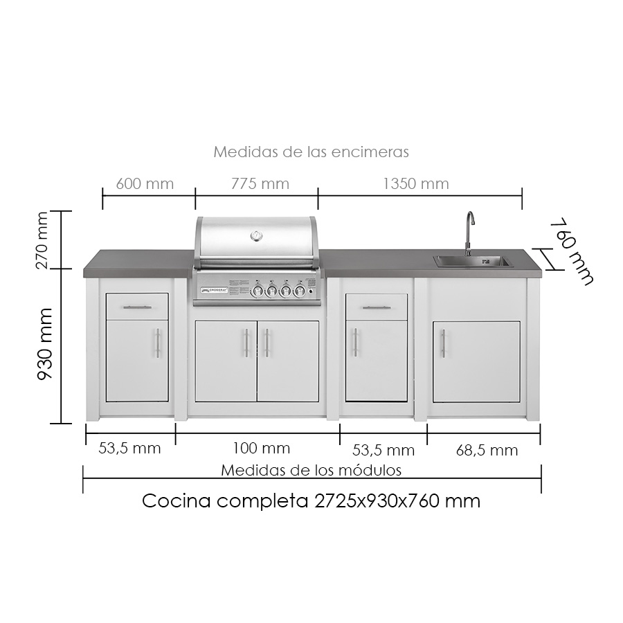 Medidas de la Cocina exterior Crossray con fregadero y dos módulos de almacenaje de GrandPro Una cocina de diseño mediterráneo, hecha de aluminio aligerando su peso y maximizando su resistencia a la intemperie. Encuéntrala en De Tropen compra online segura y envío rápido.