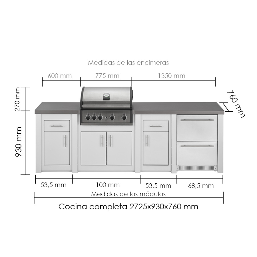 Medidas de la Cocina exterior Pro Elite con nevera y dos módulos de almacenaje de GrandPro Una cocina de diseño mediterráneo, hecha de aluminio aligerando su peso y maximizando su resistencia a la intemperie. Encuéntrala en De Tropen compra online segura y envío rápido.