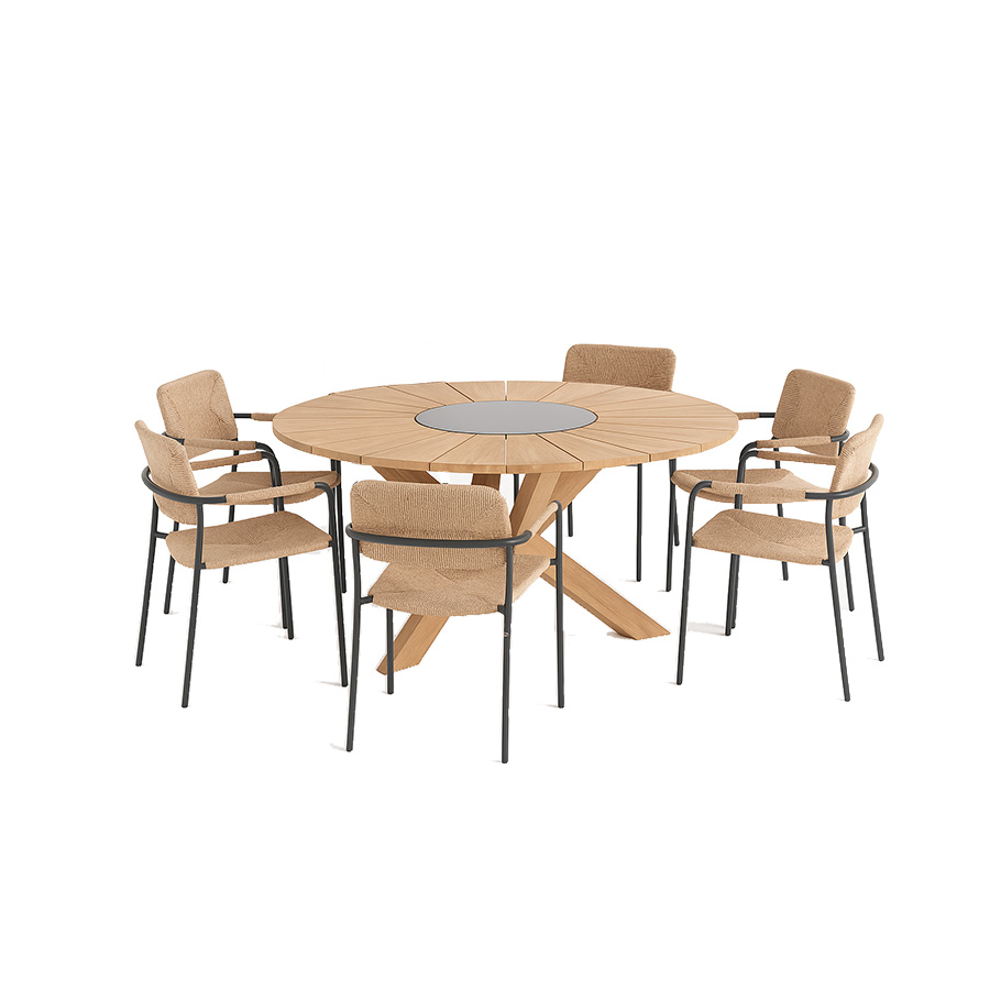 Provence Bora Dining Set by 4SO. Teak table with crossed legs and black granite centre. Stainless steel chairs with synthetic fibre upholstery on the seat, back and armrests. Find it at the largest outdoor, patio, and garden furniture store: De Tropen—and at the best price!