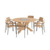 Provence Bora Dining Set by 4SO. Teak table with crossed legs and black granite centre. Stainless steel chairs with synthetic fibre upholstery on the seat, back and armrests. Find it at the largest outdoor, patio, and garden furniture store: De Tropen—and at the best price!
