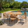 Provence Bora Dining Set by 4SO. Teak table with crossed legs and black granite centre. Stainless steel chairs with synthetic fibre upholstery on the seat, back and armrests. Find it at the largest outdoor, patio, and garden furniture store: De Tropen—and at the best price!