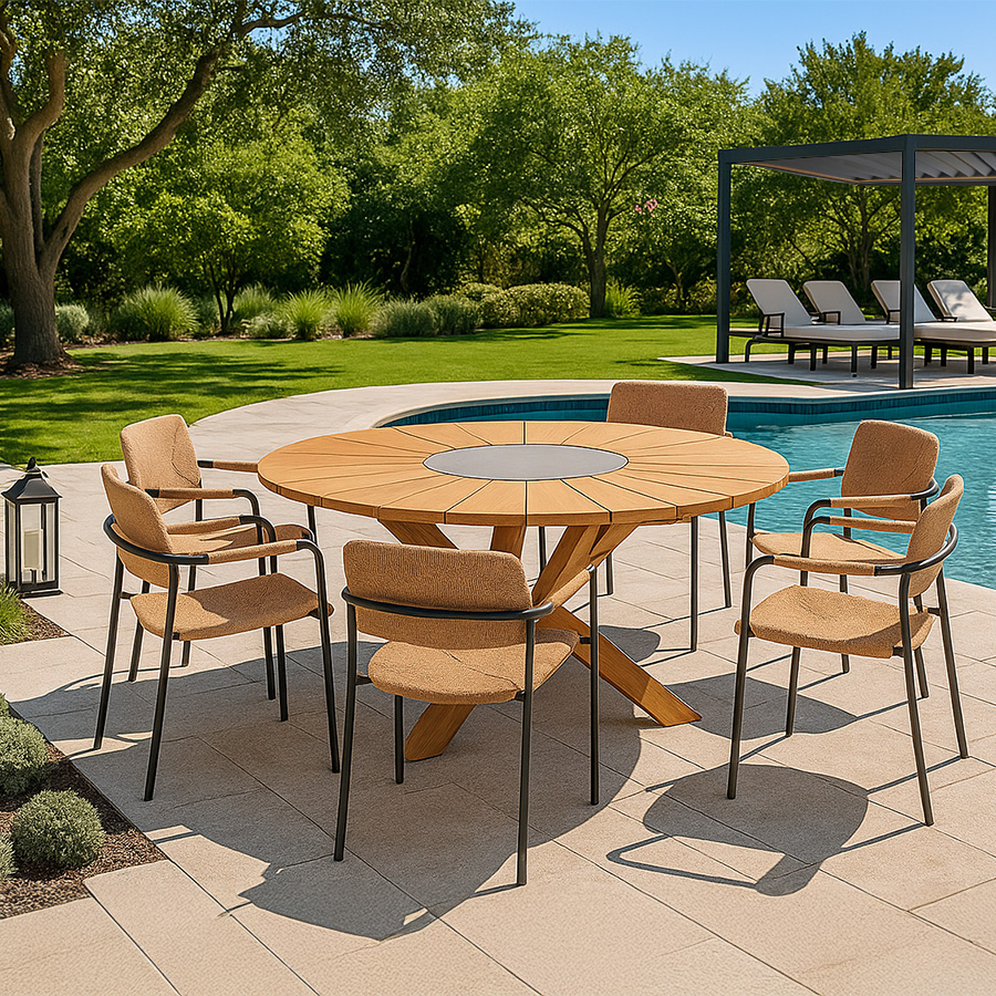 Provence Bora Dining Set by 4SO. Teak table with crossed legs and black granite centre. Stainless steel chairs with synthetic fibre upholstery on the seat, back and armrests. Find it at the largest outdoor, patio, and garden furniture store: De Tropen—and at the best price!