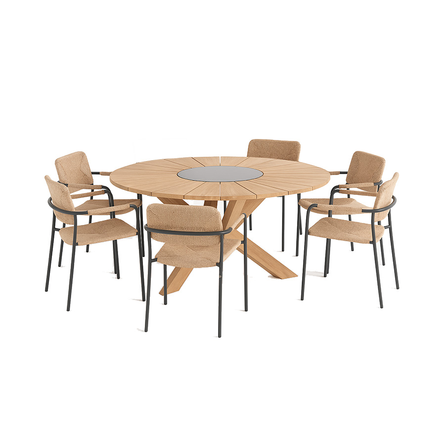 Provence Bora Dining Set by 4SO. Teak table with crossed legs and black granite centre. Stainless steel chairs with synthetic fibre upholstery on the seat, back and armrests. Find it at the largest outdoor, patio, and garden furniture store: De Tropen—and at the best price!