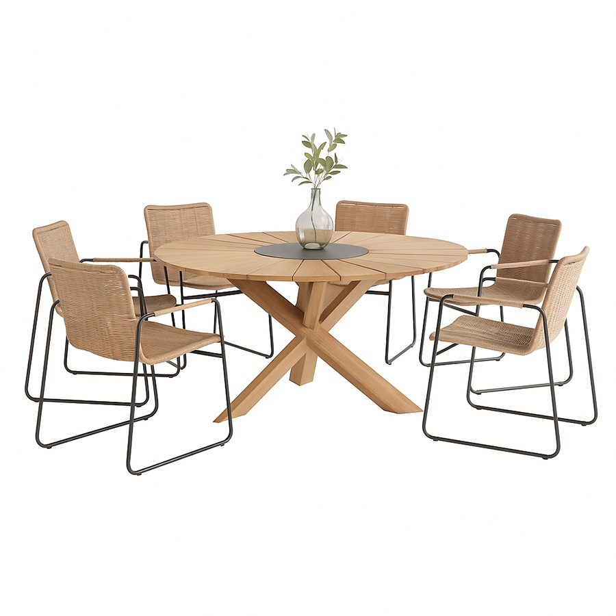 Comedor Provence Palma de 4SO Mesa de teca con patas cruzadas y centro de granito negro. Sillas de acero inoxidable con asiento, respaldo y reposabrazos forrados de fibra sintética. Encuéntralo en la mayor tienda de muebles de exterior, terraza y jardín: De Tropen ¡y al mejor precio!