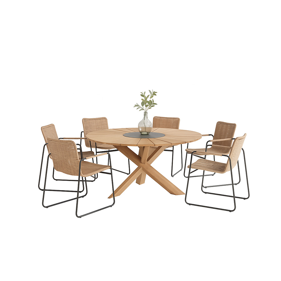 Comedor Provence Palma de 4SO Mesa de teca con patas cruzadas y centro de granito negro. Sillas de acero inoxidable con asiento, respaldo y reposabrazos forrados de fibra sintética. Encuéntralo en la mayor tienda de muebles de exterior, terraza y jardín: De Tropen ¡y al mejor precio!