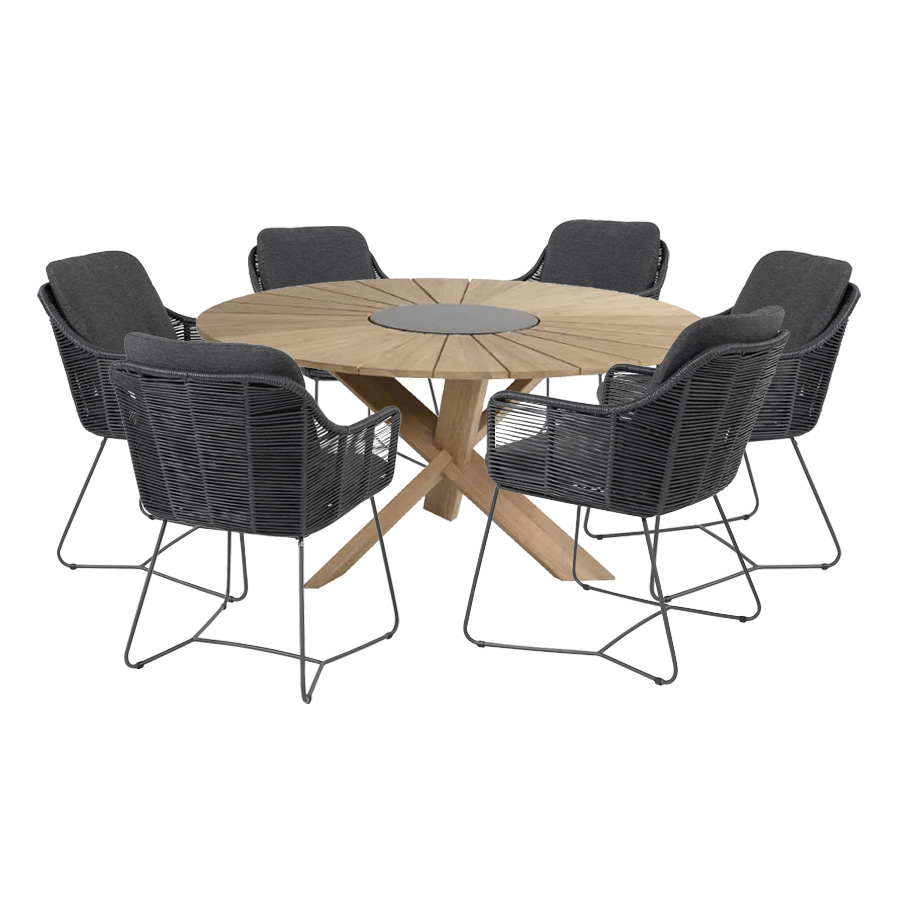 Comedor Provence Belmond de 4SO Mesa de teca con patas cruzadas y centro de granito negro. Sillas de acero inoxidable con asiento, respaldo y reposabrazos forrados de fibra sintética en antracita. Encuéntralo en la mayor tienda de muebles de exterior, terraza y jardín: De Tropen ¡y al mejor precio!