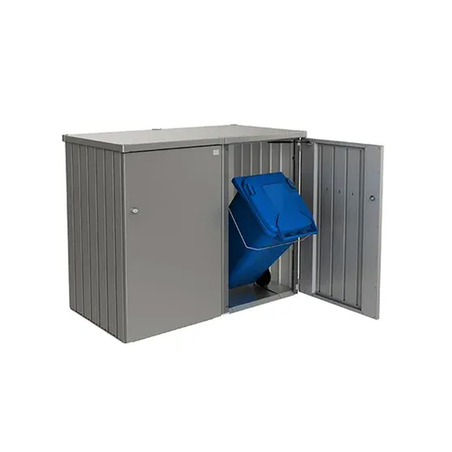 Contenedor Cubo Basura Alex de Biohort. Foto de 2 Contenedores en plata juntos, con el último abierto donde se ve un cubo azul, sobre fondo blanco. Encuéntralo en De Tropen, la mayor tienda de muebles de jardín de Málaga.