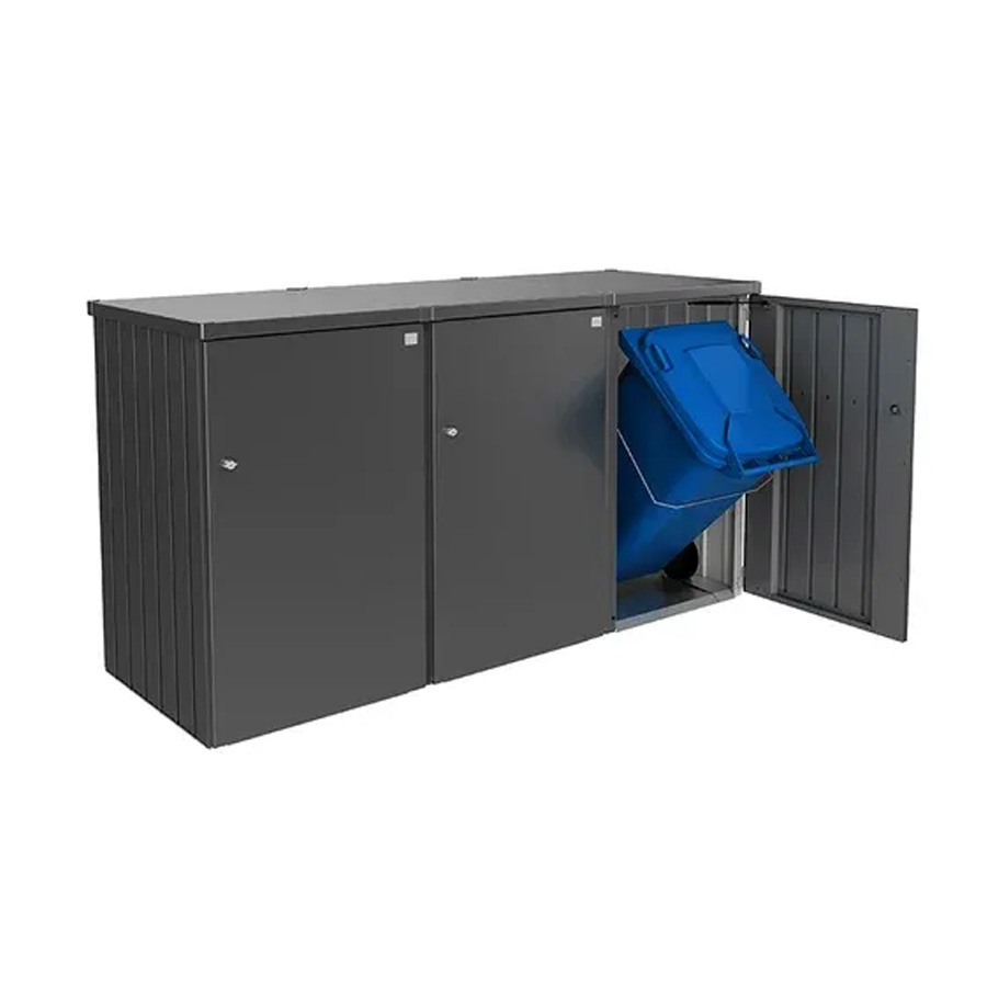 Contenedor Cubo Basura Alex de Biohort. Foto de 3 Contenedores en gris oscuro juntos, con el último abierto donde se ve un cubo azul, sobre fondo blanco. Encuéntralo en De Tropen, la mayor tienda de muebles de jardín de Málaga.