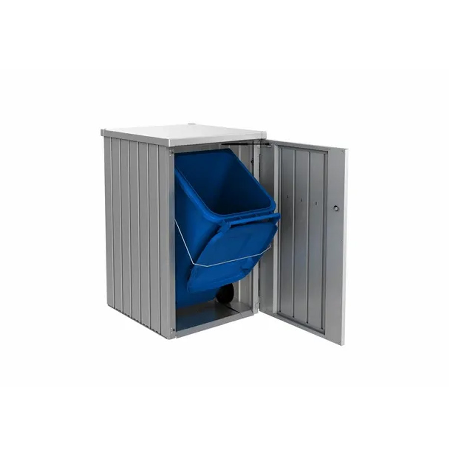 Contenedor Cubo Basura Alex de Biohort. Foto de 1 Contenedor en plata, abierto donde se ve un cubo azul, sobre fondo blanco. Encuéntralo en De Tropen, la mayor tienda de muebles de jardín de Málaga.