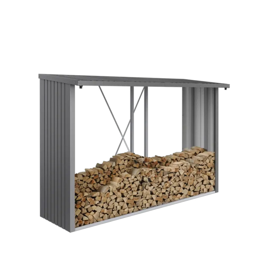 Leñero Woostock 300 de Biohort. Foto de producto en gris cuarzo con leña apilada, sobre fondo blanco. Encuéntralo en De Tropen, la mayor tienda de muebles de jardín de Málaga.