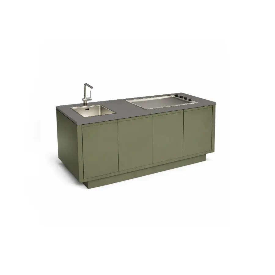 Cocina exterior Primora Hormigón Verde de Secenario Outdoor. Elegante, profesional y minimalista. Cómpralo online en De Tropen la mayor tienda de muebles de jardín de Málaga.