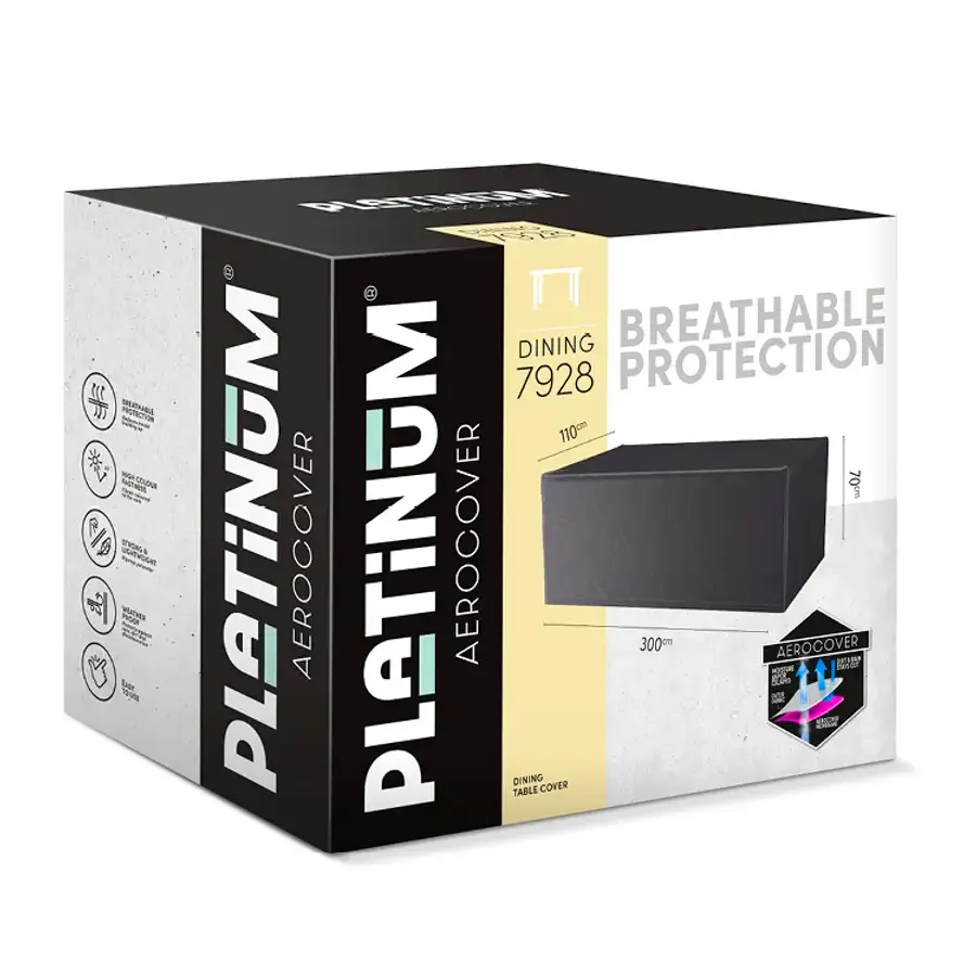 Imagen de la caja de 300x110x70cm. Funda Mesa de jardín de Platinum, especialista en fundas para muebles de exterior. Cómpralo online en De Tropen la mayor tienda de muebles de jardín de Málaga, para mantener limpia tu mesa, reducir el desgaste, prevenir la decoloración y prolongar su vida útil.